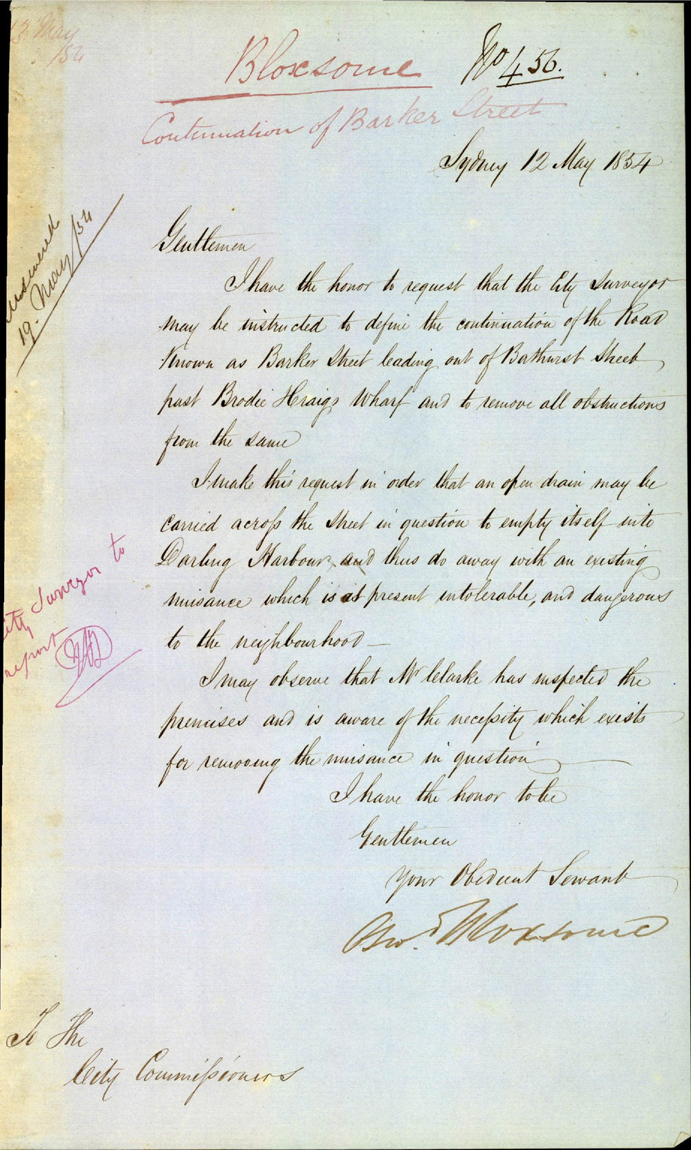 Letter Oswald Bloxsome. For City Surveyor to define continuation