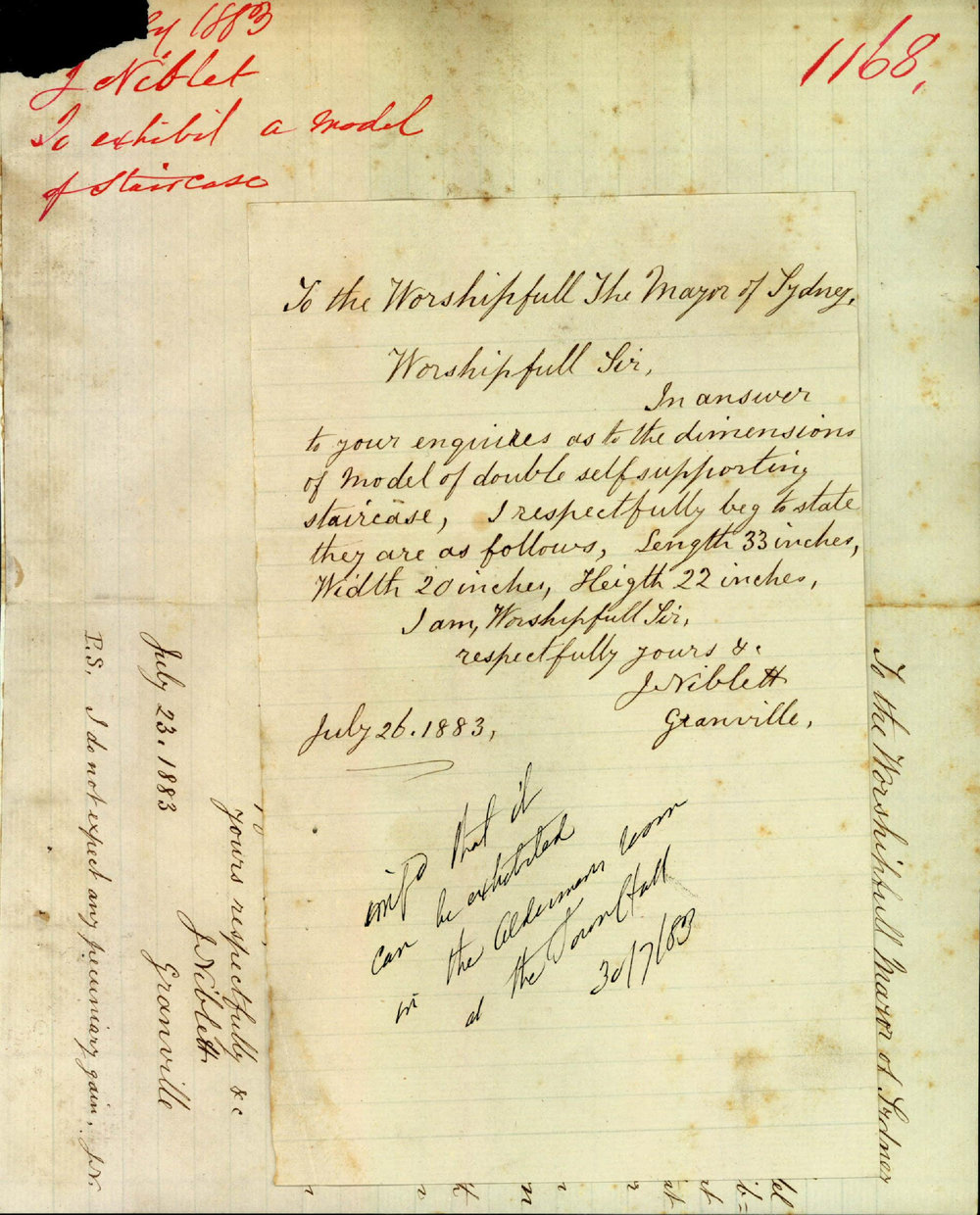 Letter J Niblett Requesting Permission To Show A Model Of A Double Self Supporting Staircase In City Of Sydney Archives