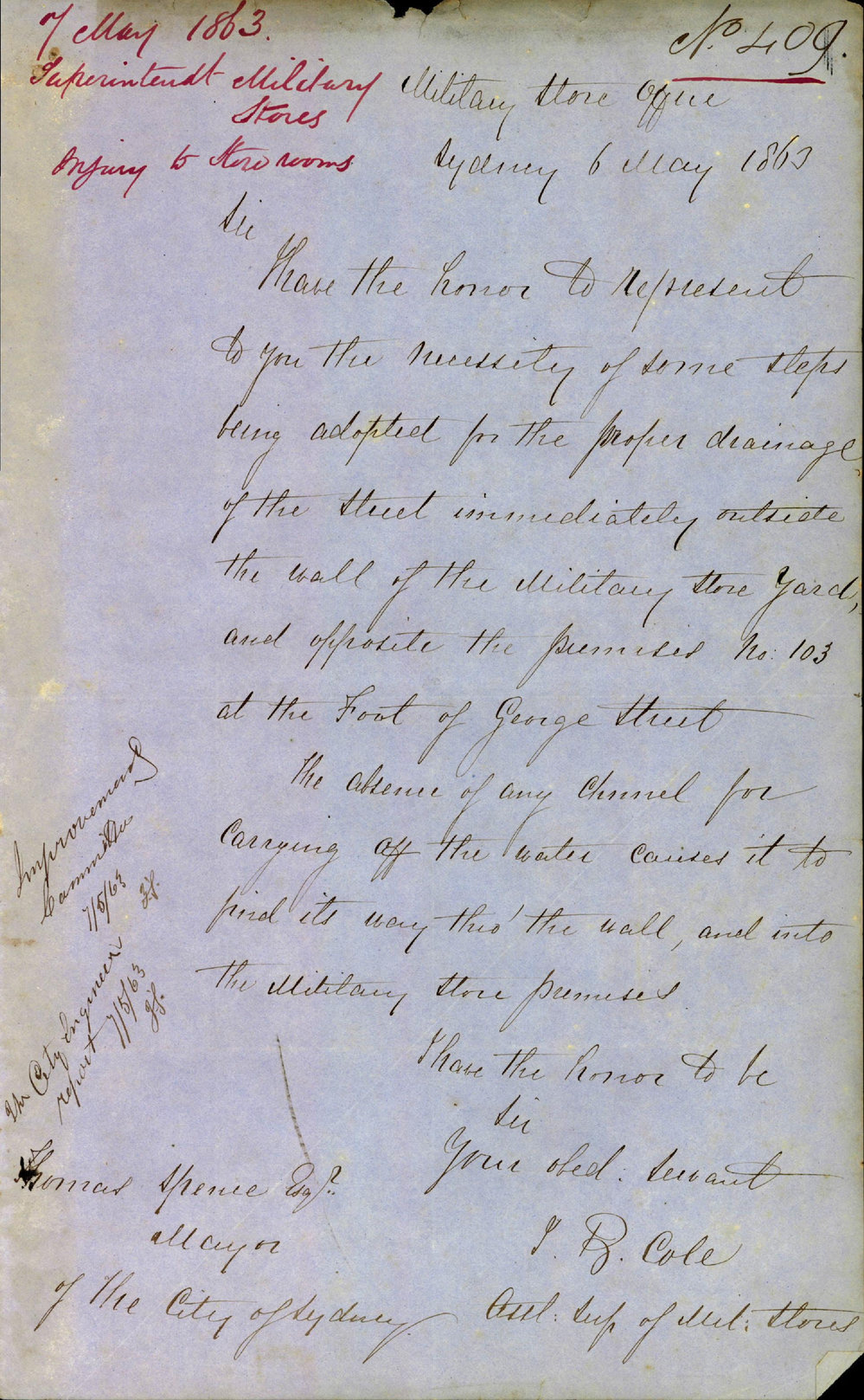 Letter: J.b. Cole, Military Store Office, Requesting Proper Drainage To Be  Provided At The Foot Of | City Of Sydney Archives