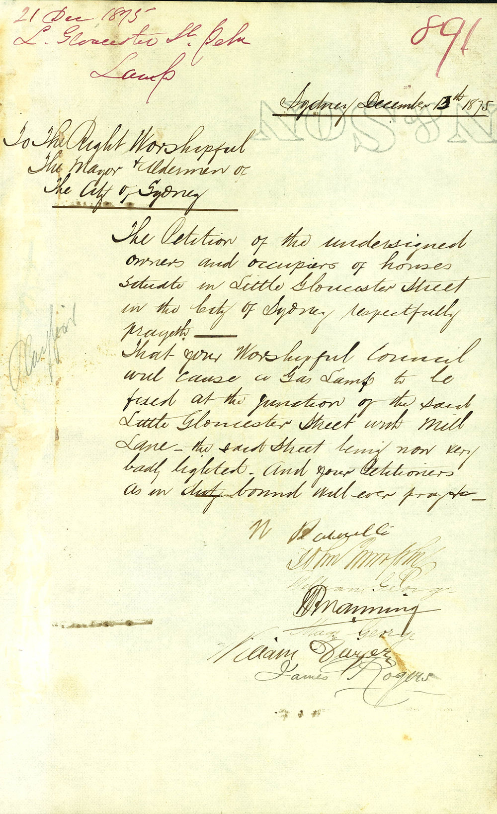 Petition John Murphy William George W Manning M George William Dwyer And James Rogers Of City Of Sydney Archives