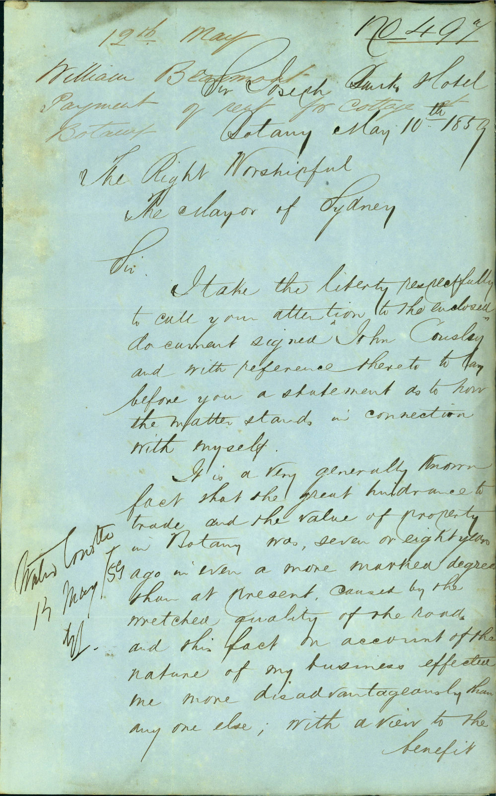 Letter William Beaumont Joseph Banks Hotel Botany argues that