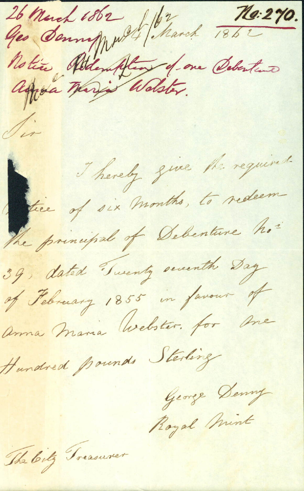 Letter: George Denny, Royal Mint, gives notice to redeem the principal of  Debenture No.39 for £100