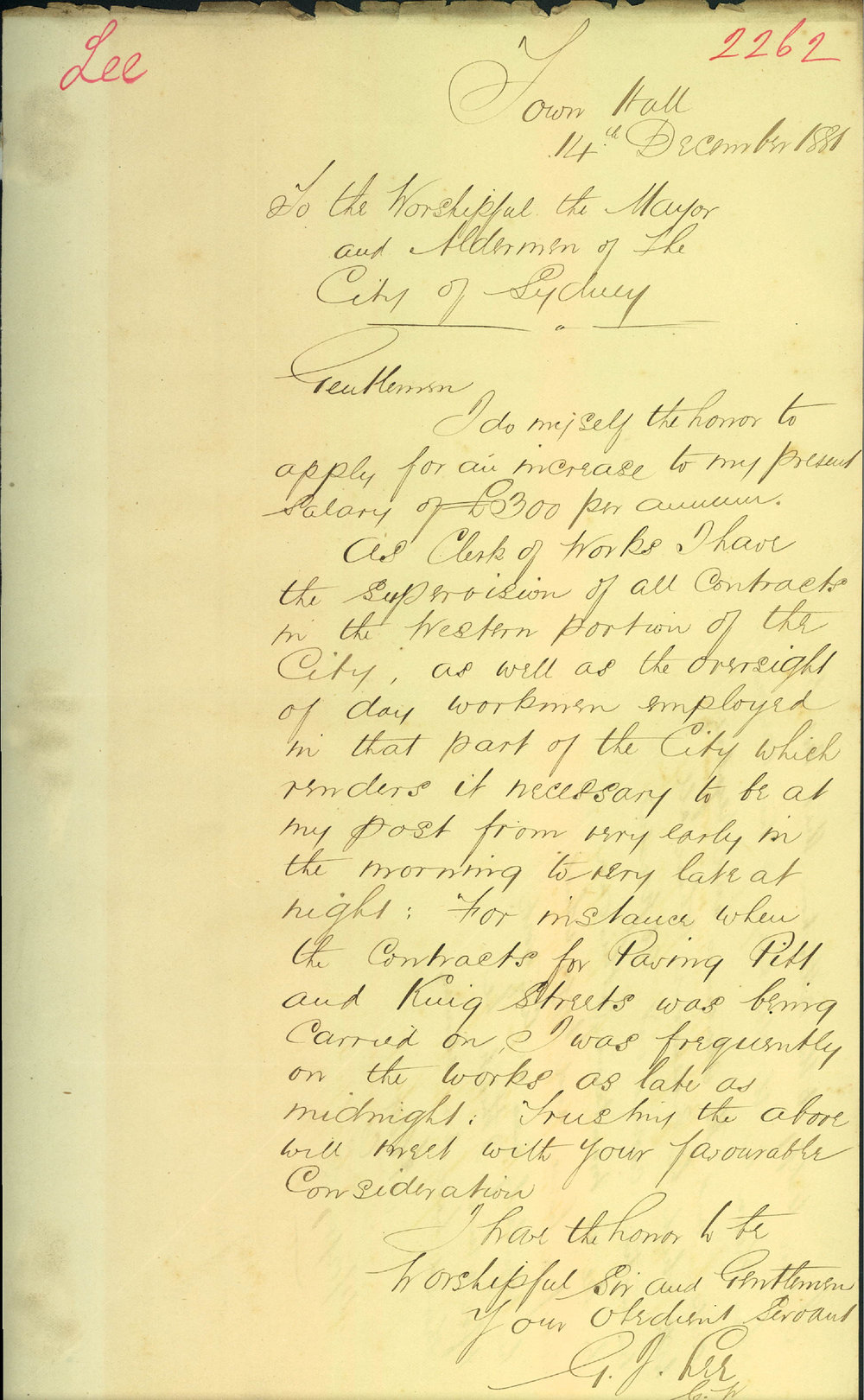 Memorandum: G. J. Lee, Clerk of Works, applying for an increase to his  present salary of £300 per annum. | City of Sydney Archives