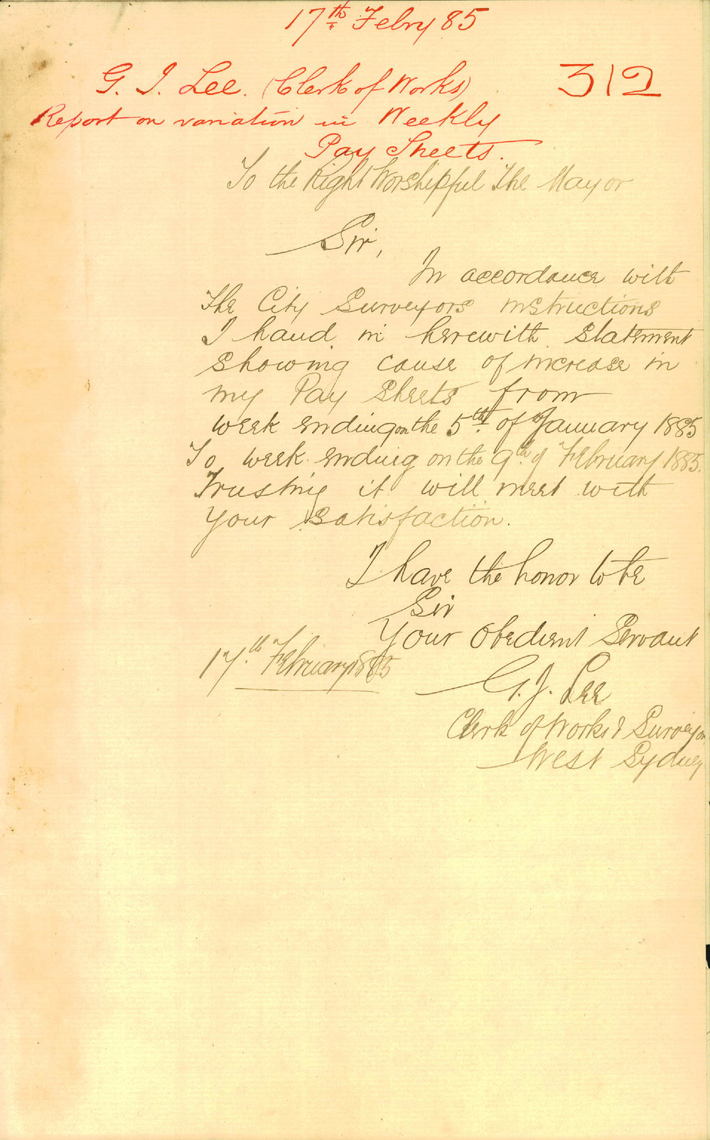 Memorandum: G J Lee, Clerk of Works, provides a Statement showing the  increase in his Pay Sheets. | City of Sydney Archives