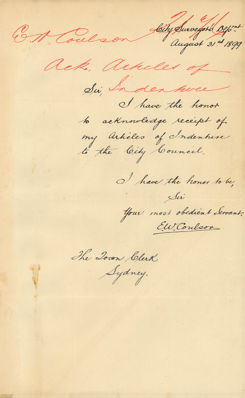 Letter: E W Coulson acknowledges receipt of his Articles of Indenture ...