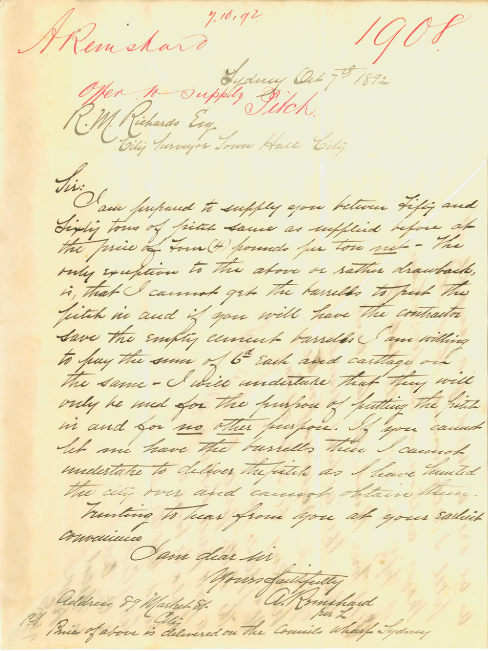 Letter: A. Remshard, Sydney. Agrees to supply fifty and sixty of pitch as before provided the | City of Sydney Archives