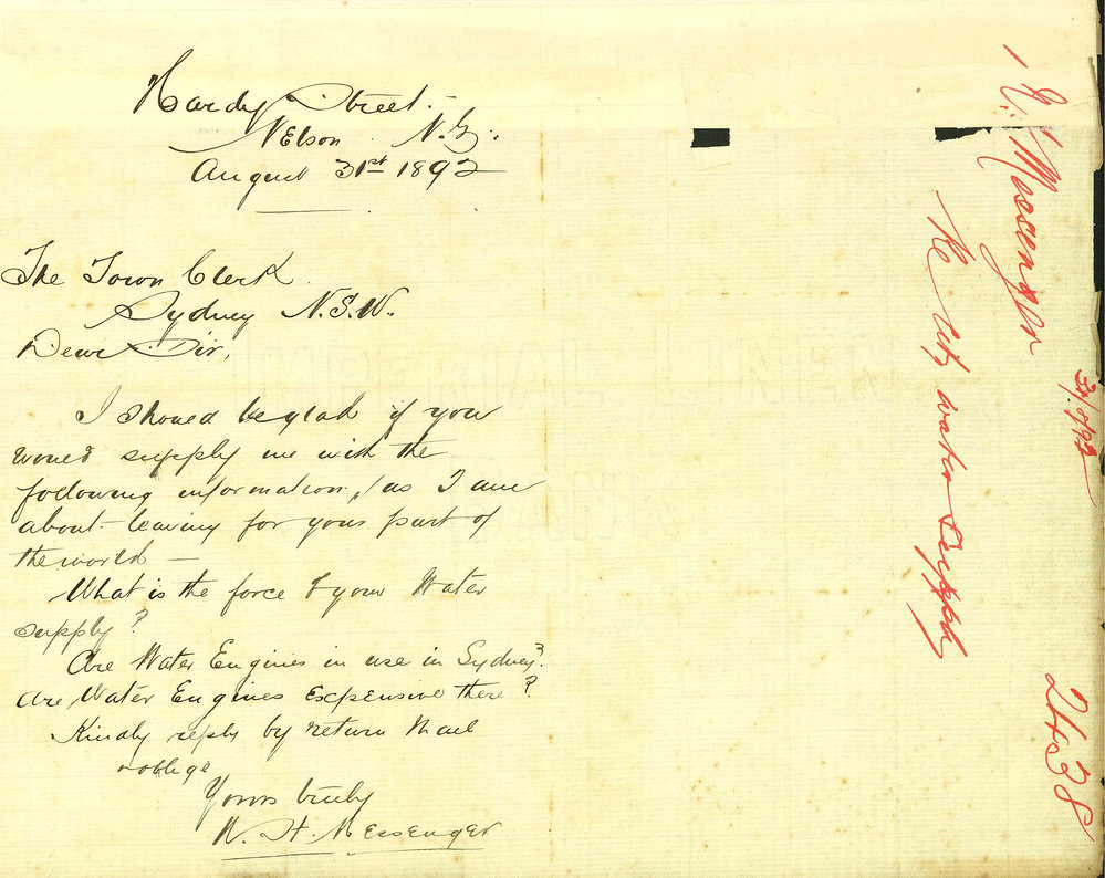 Svag blok tro Letter: W.H. Messenger (New Zealand). For information about Sydney water  supply. | City of Sydney Archives