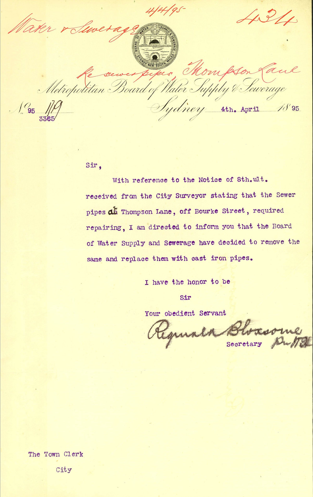 Letter Reginald Bloxsome Secretary Metropolitan Board Of Water Supply Sewerage Sydney City Of Sydney Archives