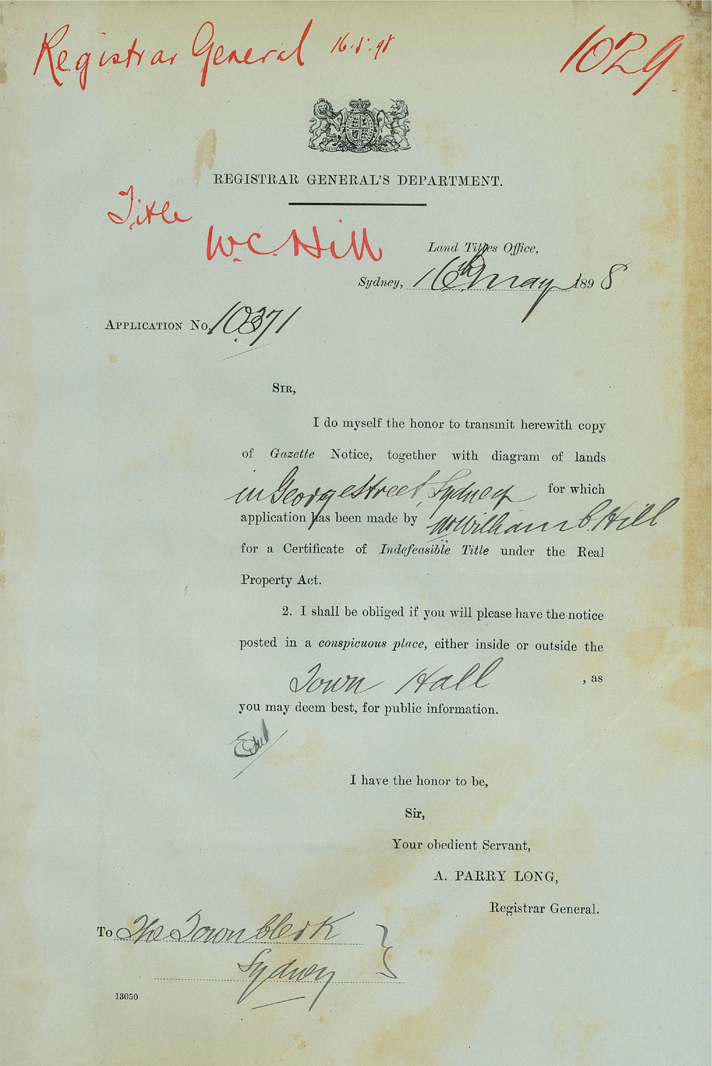Letter: The Land Titles Office forwards a copy of the Gazette Notice in  regard to the application | City of Sydney Archives