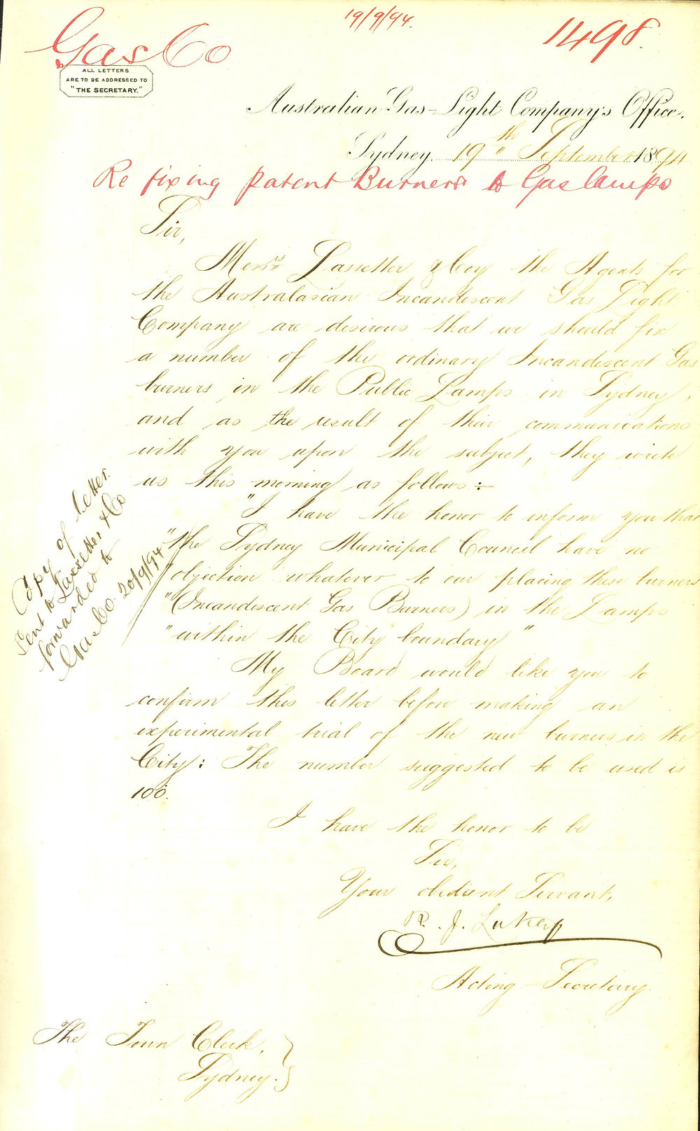 Letter: . Lukey, Acting Secretary Australian Gas Light Company, seeking  confirmation that the | City of Sydney Archives