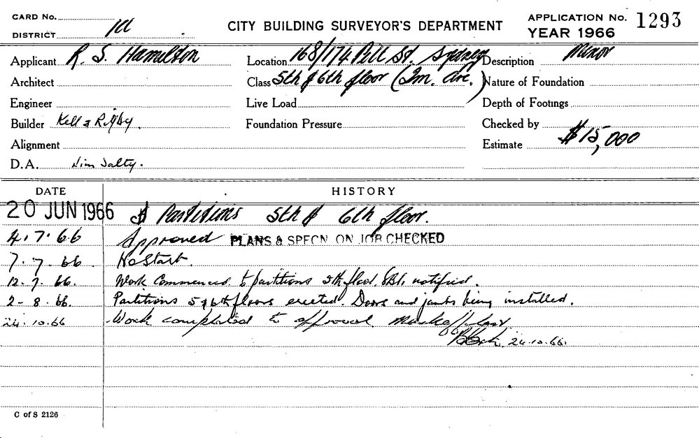 Building Inspectors Card: 168-174 Pitt Street Sydney. 5th & 6th floor ...