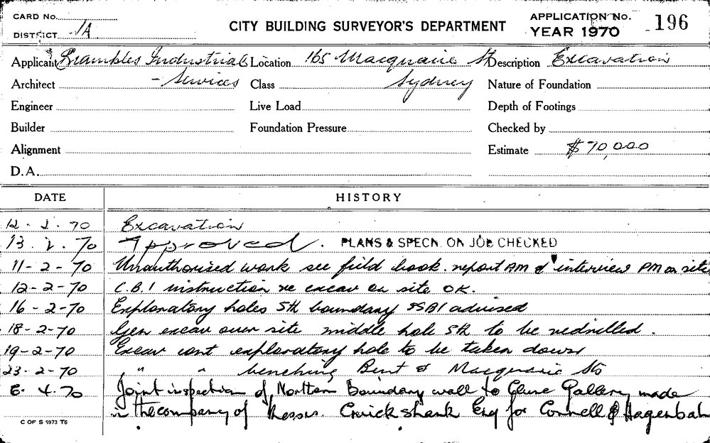 Building Inspectors Card: 165 Macquarie St Sydney. Excavation. 1 card ...