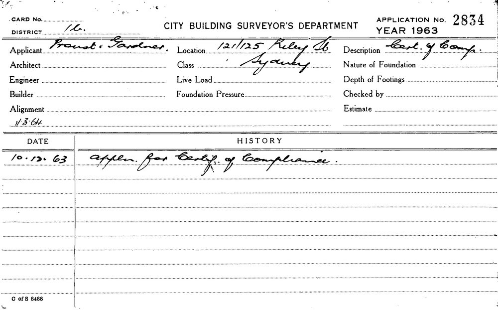 Building inspectors card 121 125 riley street sydney application for