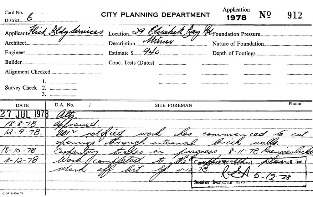 Building Inspectors Card 29 Elizabeth Bay Road Alterations City Of Sydney Archives 4107