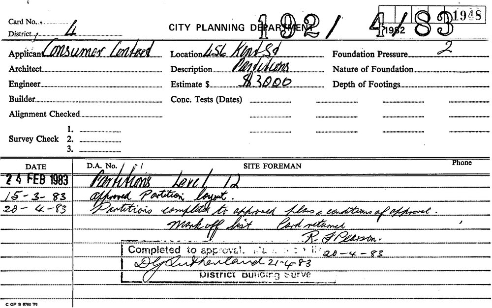 Building Inspectors Card: 456 Kent Street - Partitions Level 12 