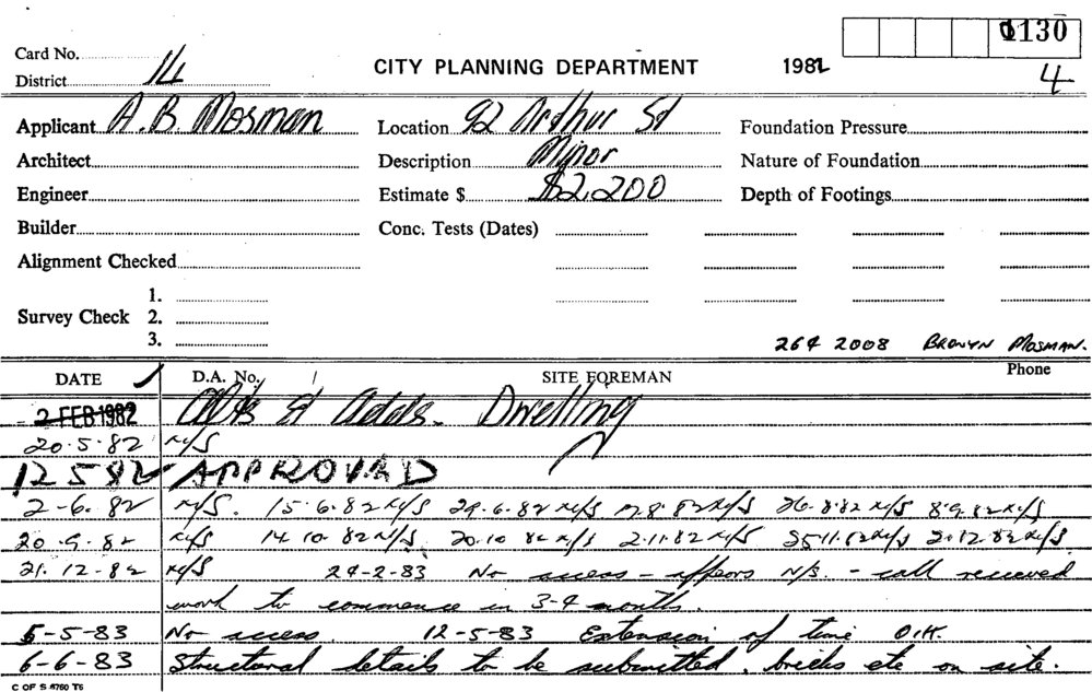 Building Inspectors Card: City Planning Department - 92 Arthur St ...