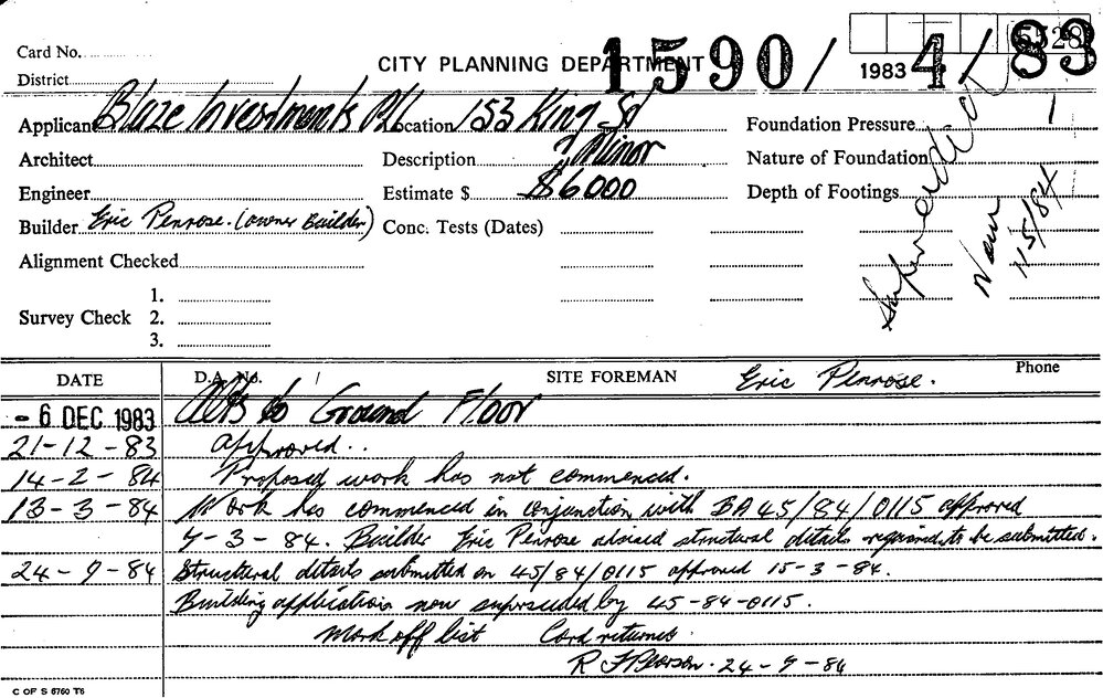 Building Inspectors Card: 153 King St - Alterations to ground floor ...