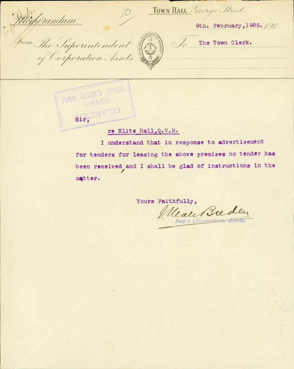 Superintendent of Corporation Assets to Town Clerk. No tenders received ...