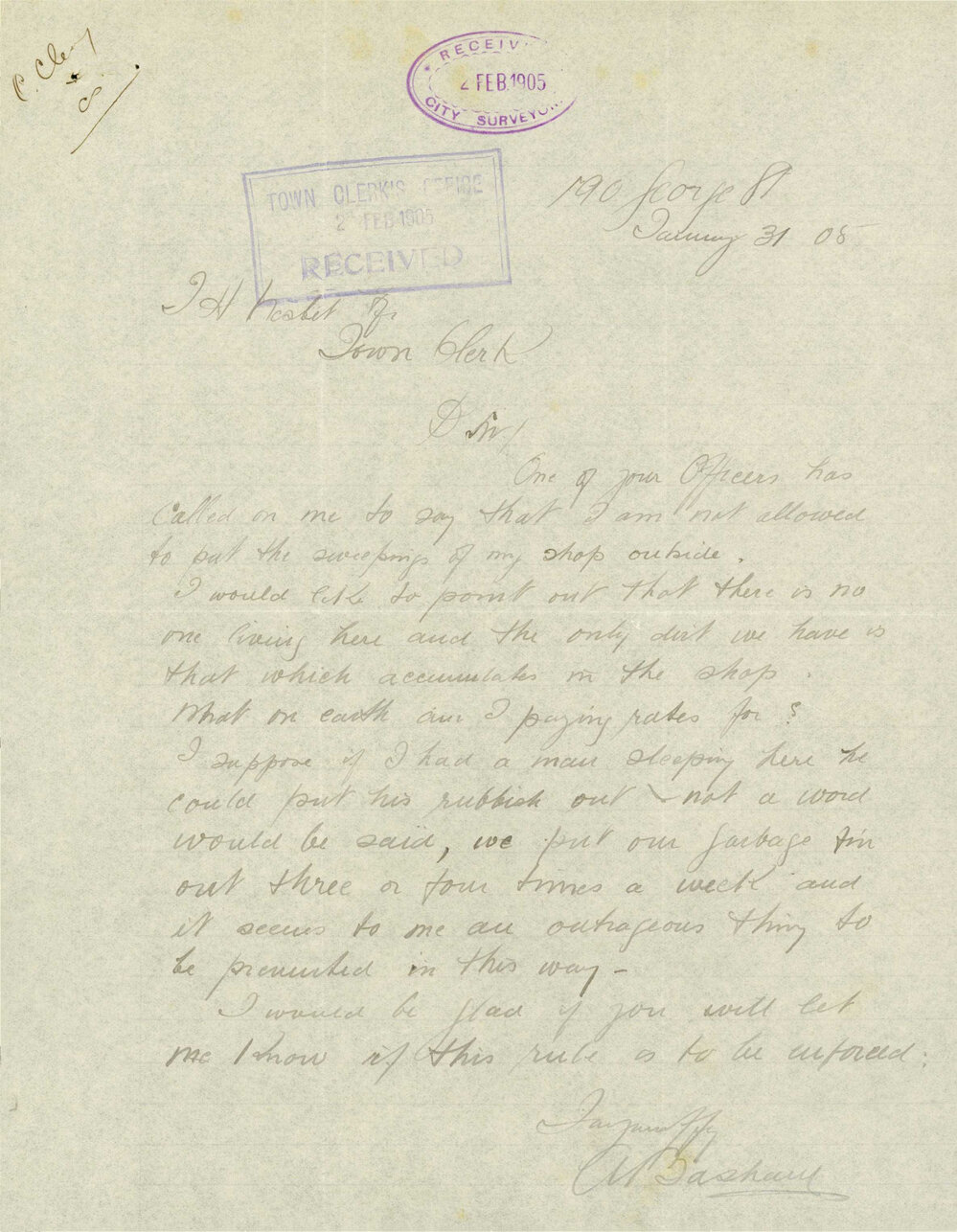 City Surveyor's office. T/C. Mr. A. Basham. [Letter from Mr. Basham of ...