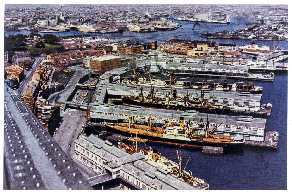 View looking west of Walsh Bay wharves, Millers Point, 1947 | City of ...