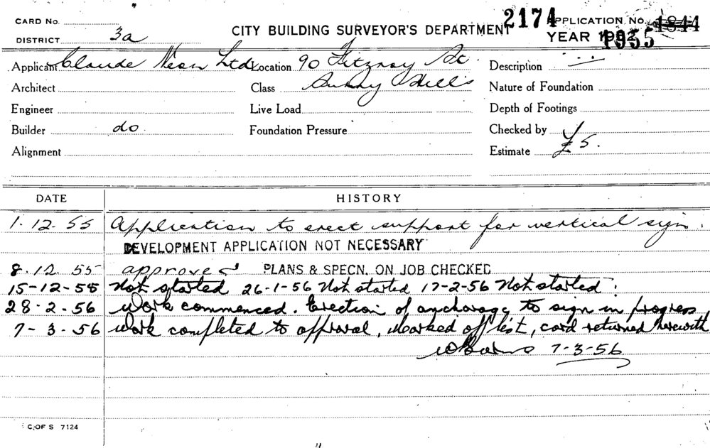 Building Inspectors Card 90 Fitzroy Street Surry Hills Application To Erect Support For Vertical City Of Sydney Archives