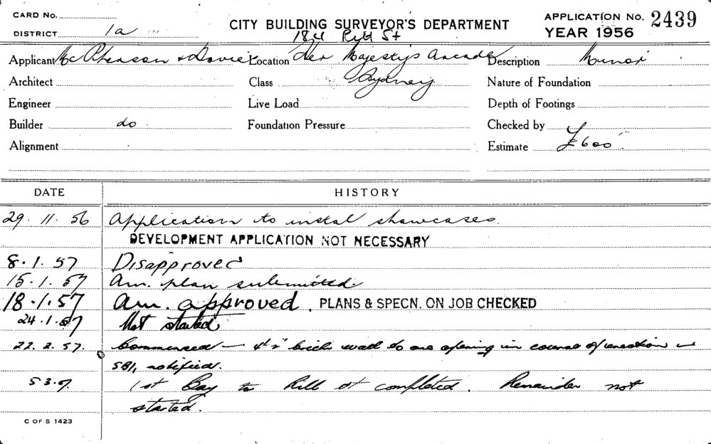 Building Inspectors Card: Her Majesty's Arcade, Sydney. Application to ...