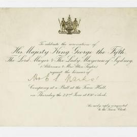 Ephemera - Invitation to ball for coronation of King George V held at Sydney Town Hall, 1911