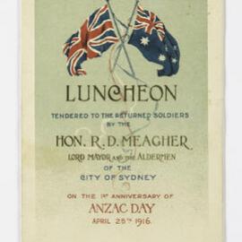 Ephemera - Menu for luncheon for returned soldiers, Sydney Town Hall, 1916 