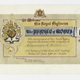 Ephemera - Invitation to banquet for the Prince of Wales at Sydney Town Hall, 1920