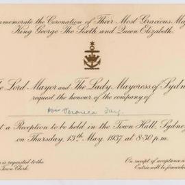 Ephemera - Invitation for Veronica Fay to King George VI's coronation reception, Sydney Town Hall, 1937
