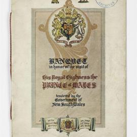 Ephemera - Menu and programme for banquet for visit of Prince of Wales at Sydney Town Hall, 1920