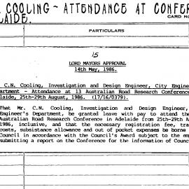 City Engineer's Cards: Mr C N Colling Attendance At Conference In Adelaide