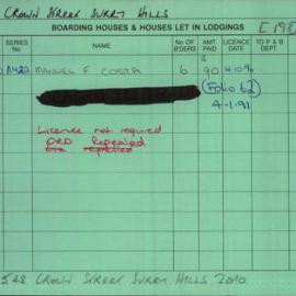 Boarding House Licence Card. 548 Crown Street Surry Hills. Manuel and Elvira Costa 9 Sept 1982 - 30 