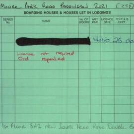 Boarding House Licence Card. 330 Moore Park Road Paddington. Geoffrey Barton Small 9 Mar 1982 - 30 