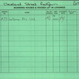 Boarding House Licence Card. 207 Cleveland Street Redfern. Alfred Park Private Hotel. Peter and Jan 