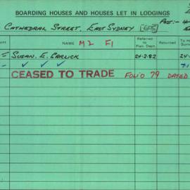 Boarding House Licence Card. 109 Cathedral Street East Sydney. Susan E. Garlick 8 Jun 1982 - 30 Jun 
