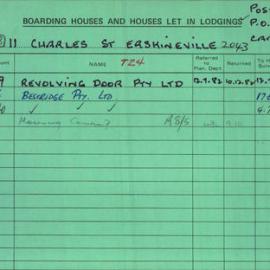 Boarding House Licence Card. 11 Charles Street Erskineville. Revolving Door P/L 5 Aug 1982 - 30 Jun 
