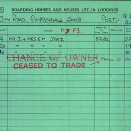 Boarding House Licence Card. 46 City Road Chippendale. Mr J. Jasz and Mrs E.M. Jasz 7 Jul 1982 - 30 