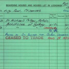 Boarding House Licence Card. 150 City Road Chippendale. St. Michael's College, Catholic Archdiocese 