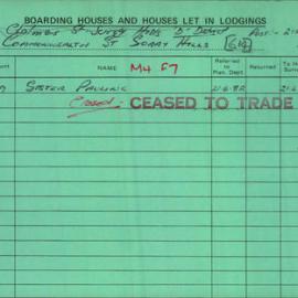 Boarding House Licence Card. 215 Commonwealth Street Surry Hills (Transfer to) 268 Chalmers Street 