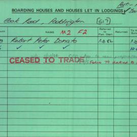 Boarding House Licence Card. 26 Cook Road Paddington. Robert Peter Donato 7 Jul 1983 - 30 Jun 1984. 