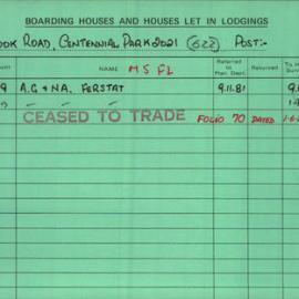 Boarding House Licence Card. 54 Cook Road Centennial Park. A.G. Ferstat and N.A. Ferstat 25 Mar 