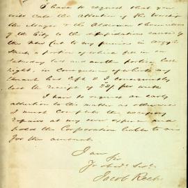 Letter - Complaint from Jacob Rech regarding damage to his property due to making of the cut, Argyle Street The Rocks, 1846