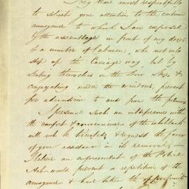 Letter: Samuel Lyons, George St. complains to the Mayor of cabmen congregating in his doorway. 