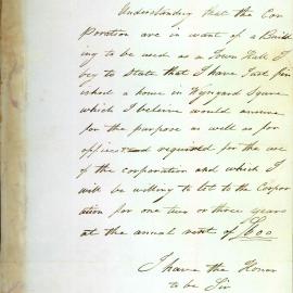 Letter - R T Carter offering house in Wynyard Square for use as the Town Hall for £600 pounds, 1853