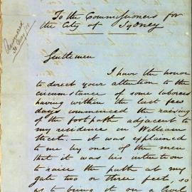 Letter - Complaint about proposal to raise the level of the footpath in William Street, 1854