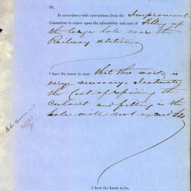 Memorandum: Edward Bell, City Engineer, notes the request to fill in the hole at the Railway Station. The 