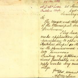 Letter: A. D. McLean, 25 Bent St, requested permission to open a butcher's shop at 83 Phillip St, 
