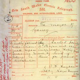 Letter: Telegram, Seretary of the Royal Humane Society, Melbourne to Mayor of Sydney. Please 