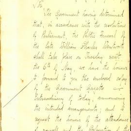 Letter - Arrangements for funeral of William Charles Wentworth, 1873
